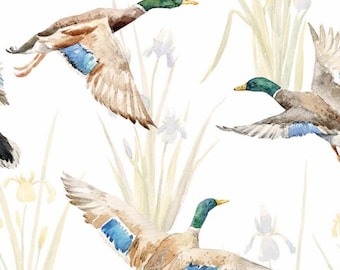 Cotton Ducks and Grasses Watercolor Cotton Fabric Woven Fabric Patchwork Fabric by the Meter from 50 cm