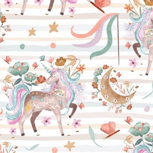 Pre-order Sweat Fabric French Terry Sold by the Meter 1.45 m wide Unicorn Flowers Moon Stripes