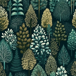 Può includere: Uno schema senza cuciture che presenta una varietà di alberi e fogliame stilizzati in tonalità di verde, blu e giallo su uno sfondo blu scuro.