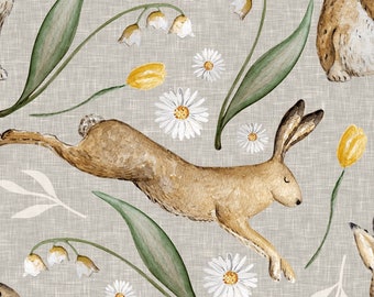 Pre-order Exclusive Premium Cotton Fabric Patchwork Rabbits Tulips Lily of the Valley Flowers Grey Yellow