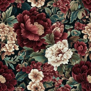 Könnte beinhalten: Ein detailliertes Blumenmuster mit großen burgunderfarbenen, cremefarbenen und beigefarbenen Blumen auf dunklem Hintergrund. Das Design beinhaltet grüne Blätter und erzeugt einen reichen, strukturierten Look, ideal für Stoff oder Tapeten.