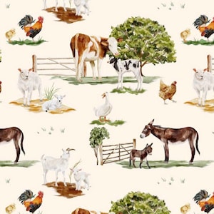 May include: A watercolour illustration of a farmyard scene featuring a variety of animals, including a cow, sheep, chickens, a donkey, a goose, and a rooster. The animals are depicted in a whimsical style against a white background.