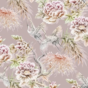 Pre-order soft printed faux leather eco sold by the meter cranes and roses old pink 1.40 m wide