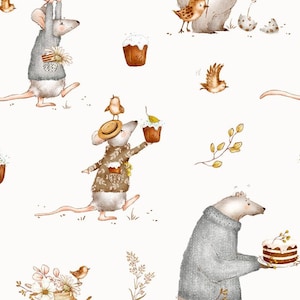 Peut inclure: Un motif sans couture sur fond blanc avec des illustrations de souris, d'oiseaux et de gâteaux. Les souris portent des chapeaux et portent des gâteaux. Les oiseaux sont perchés sur des branches et volent. Les gâteaux sont décorés de glaçage et de pépites.