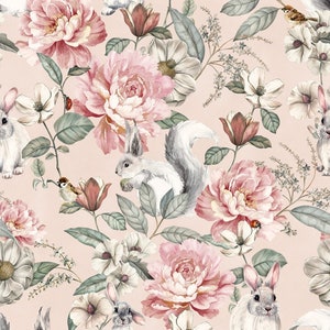 Pre-order Sweat Fabric French Terry Sold by the meter 1.60 m wide Animals cute rabbits and squirrels Floral flowers
