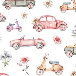 Précommande Tissu Coton Premium Patchwork Hippie Fille Fleurs Voiture Rétro Véhicules Vintage Scooter Blanc à partir de 50 cm