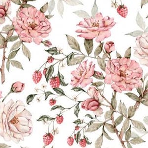 Op de afbeelding: Waterverf bloemenpatroon met roze rozen en rode frambozen op een witte achtergrond. Het ontwerp bevat gedetailleerde bladeren en stelen, waardoor een romantische en natuurlijke esthetiek ontstaat. Ideaal voor stof, behang of briefpapier.