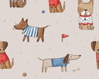 Choice of cotton, jersey, sweatshirt fabric + funny dog prints: Dachshund, Dalmatian, Labrador, Bulldog, grey, brown, taupe, from 50 cm