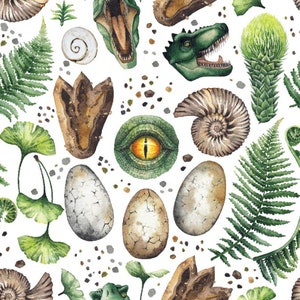May include: A watercolour illustration of a dinosaur eye, dinosaur eggs, dinosaur footprints, ferns, ginkgo leaves, and a fossilised ammonite. The illustration is on a white background.