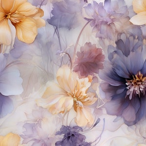Puede incluir: Una pintura de acuarela con un diseño floral con flores moradas, azules y amarillas. Las flores están pintadas en un estilo suave y romántico y están rodeadas de delicadas hojas y tallos.