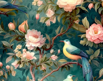 Pre-order Sweat Fabric French Terry 1.65 m extra wide Floral Garden Birds Flowers Vintage Country House