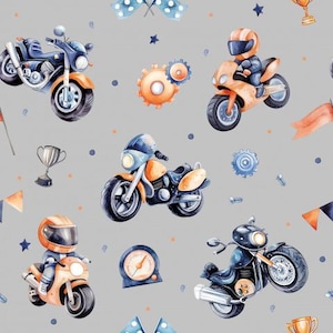 May include: A seamless pattern featuring watercolor illustrations of motorcycles, stars, trophies, and gears. The motorcycles are in various colors, including orange, blue, and black. The background is a light gray.