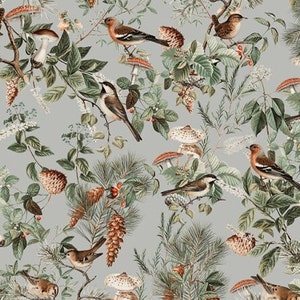 Könnte beinhalten: Ein nahtloses Muster mit verschiedenen Vögeln, Pilzen und Tannenzapfen auf hellgrauem Hintergrund. Die Vögel sind realistisch dargestellt und sitzen auf Ästen oder fliegen durch die Luft. Die Pilze sind in verschiedenen Formen und Größen vorhanden, die Tannenzapfen sind braun und grün.