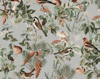 Pre-order Exclusive Premium Cotton Fabric Patchwork Sold by the Meter Birds Forest Mushrooms Cones Grey Blue