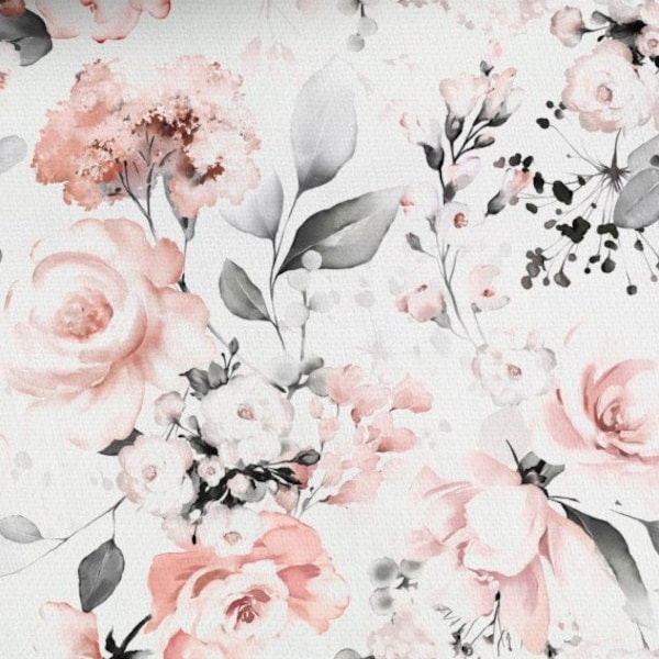 Preordina tessuto jersey al metro 1,60 m di larghezza rose fiori eucalipto rosa grigio