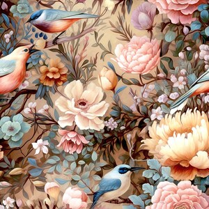 Puede incluir: Una pintura floral vibrante con flores rosas, blancas y amarillas con pájaros azules y rojos posados en ramas. La pintura tiene una estética vintage y está llena de detalles intrincados.