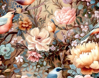Pre-order Exclusive Premium Cotton Fabric Patchwork Floral Blossoms Flowers Birds Country House Vintage Shabby