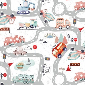 Pre-order! Exclusive premium cotton fabric patchwork by the meter, road car vehicles, fire engine, excavator