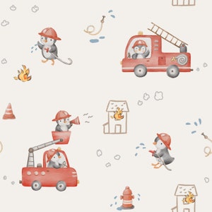 May include: A seamless pattern featuring cute penguins dressed as firefighters. The pattern includes fire trucks, fire hydrants, houses, and flames. The penguins are holding hoses and axes, and the fire trucks are driving with sirens blaring.