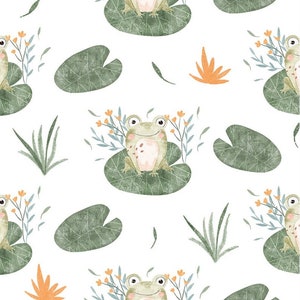 Puede incluir: Un patrón sin costuras con ranas verdes sentadas en nenúfares con hojas verdes y flores naranjas. El fondo es blanco.