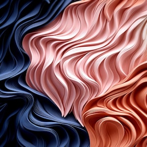 Op de afbeelding: Abstracte digitale kunst met vloeiende, getextureerde vormen in marineblauw, blushroze en verbrand oranje. Het ontwerp heeft een golvend, gelaagd uiterlijk, waardoor een gevoel van beweging en diepte ontstaat.