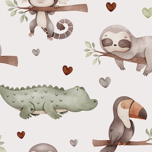 Könnte beinhalten: Aquarell-Illustration mit einem sich wiederholenden Muster aus Dschungeltieren und Herzen. Das Design umfasst einen Affen, ein Faultier, ein Krokodil und einen Tukan, alle in weichen, gedämpften Farben. Der Hintergrund ist hellbeige.