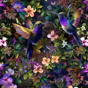 May include: A vibrant floral pattern featuring two iridescent hummingbirds in flight. The background showcases a variety of flowers in shades of purple, pink, and white, with green leaves.