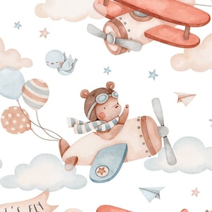 Pre-order jersey fabric sold by the meter 1.60 m wide cute bear in airplane balloon birds clouds stars