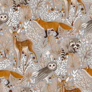 Pre-order breathable softshell with fleece fabric by the meter forest animals owl fox raccoon grey