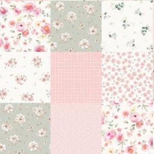 May include: A patchwork of nine fabric squares with floral patterns. The squares feature various designs, including pink roses, white flowers, and a pink grid pattern. The color palette is soft, with pinks, greens, and whites.