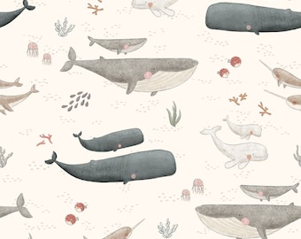 Pre-order! Available in cotton, jersey, sweat, or muslin + Maritime Whales Jellyfish Sea Creatures from 50 cm