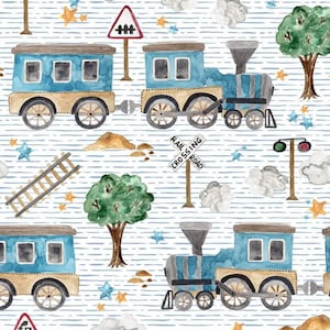 Puede incluir: Un patrón sin costuras que presenta un tren azul con detalles marrones, una señal de cruce de ferrocarril, una escalera, árboles y estrellas sobre un fondo blanco con rayas azules.