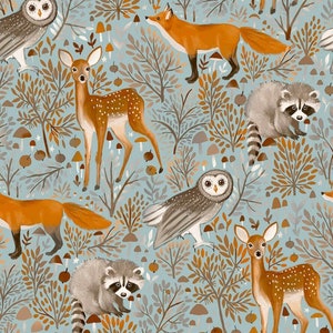 Pre-order jersey fabric sold by the meter 1.60 m wide forest animals deer fox raccoon owl blue-grey