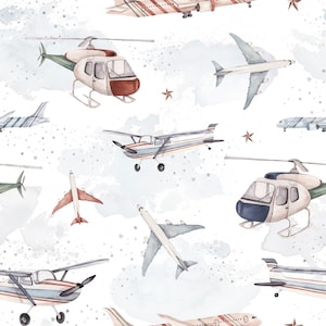 May include: A seamless pattern featuring watercolour illustrations of various aircraft, including a helicopter, a small plane, a jet, and a propeller plane. The background is a light blue with white stars.