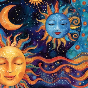 Può includere: Un'illustrazione colorata di tre soli con visi sorridenti su uno sfondo blu scuro stellato. I soli hanno dettagli intricati e sono circondati da motivi vorticosi.