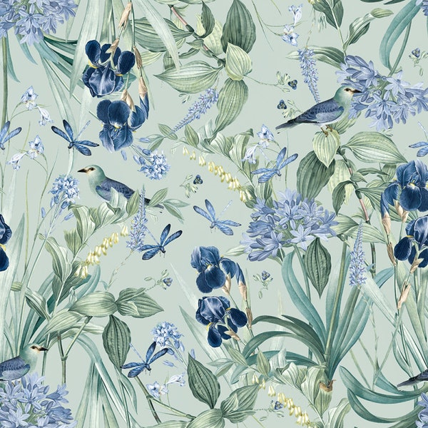 Vorbestellung! Exklusive Premium Baumwolle Stoff Patchwork Floral zarte Blüten Vögel Blau Grün