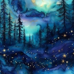 May include: An abstract alcohol ink painting depicting a dark forest of tall, slender pine trees against a vibrant night sky. The composition features swirling shades of deep blue, teal, and indigo, accented by scattered gold star-like specks.