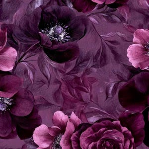 Puede incluir: Un patrón sin costuras con un diseño floral de color morado oscuro. El patrón incluye varios tipos de flores, incluyendo rosas y anémonas, con detalles intrincados y un efecto similar a la acuarela.