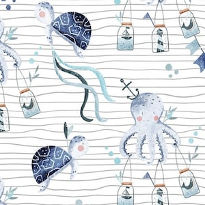 Précommande Tissu Exclusif en Coton Premium Patchwork Vendu au Mètre Animaux Marins Pieuvre