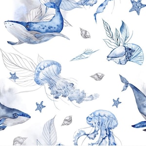 Pre-order Exclusive Premium Cotton Fabric Patchwork Maritime Shells Whales Jellyfish