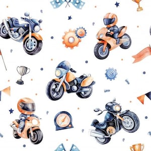 May include: A seamless pattern featuring watercolor illustrations of motorcycles, stars, trophies, and gears. The motorcycles are in shades of blue and orange, and the background is white.