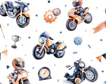 Pre-order! Choice of cotton, jersey or sweatshirt fabric + motorcycle moped motocross white from 50 cm