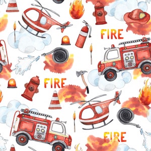 May include: Watercolor illustration featuring a repeating pattern of fire trucks, helicopters, fire hydrants, flames, and the word "FIRE" in yellow. The design includes clouds, axes, and fire cones, all in a vibrant, playful style.