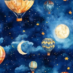 Könnte beinhalten: Eine Aquarell-Illustration von Heißluftballons, die in einem Nachthimmel mit Sternen und einer Sichelmond fliegen. Die Ballons sind in verschiedenen Farben, darunter Gelb, Blau und Rot. Der Hintergrund ist dunkelblau mit weißen Wolken.