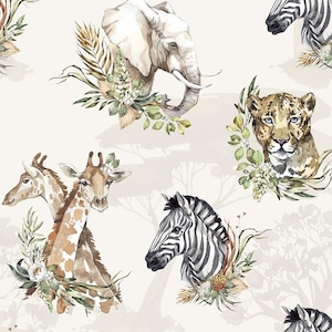 Peut inclure: Une illustration aquarelle représentant différents animaux de la savane, dont une girafe, un zèbre, un éléphant et un léopard. Les animaux sont entourés d'une végétation luxuriante et de fleurs, créant une scène vibrante et colorée.