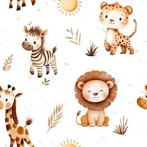 Könnte beinhalten: Ein nahtloses Muster mit Aquarellillustrationen eines Zebrajungen, eines Leoparden, eines Löwen und einer Giraffe auf weißem Grund. Das Design enthält kleine braune Blätter, Grasbüschel und Sonnensymbole, die zwischen den Tieren verteilt sind.