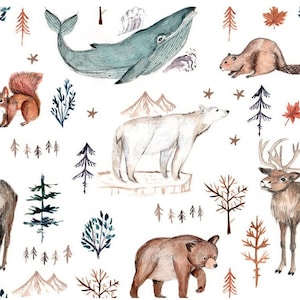 Peut inclure: Illustration à l'aquarelle avec un motif répété d'animaux de la forêt et d'arbres sur fond blanc. Le motif comprend une baleine, un ours, un écureuil, un castor, un cerf et un ours polaire, ainsi que des illustrations de montagnes et d'arbres.