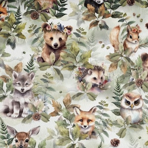 Immediately available! Sweat fabric French Terry 1.65 m wide forest animals cream beige