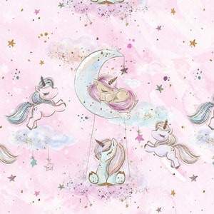 Pre-order Sweat Fabric French Terry Sold by the Meter 1.70 m wide Unicorn Moon Stars Pink