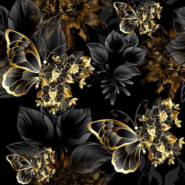 Vorbestellung wasserdichtes imprägniertes Polyester Stoff Tischdecke Meterware goldene Schmetterlinge Blüten